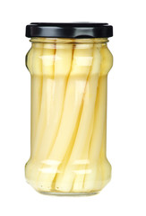 Asparagus stems marinated in glass jar