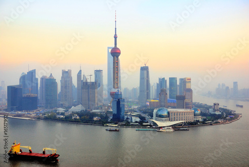 China Shanghai Pudong skyline at sunset. Poster