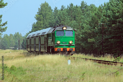 Fototapeta na wymiar Passenger train passing through the forest