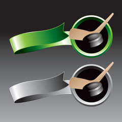 Poster - Ice hockey puck and stick green and silver ribbons