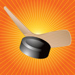 Orange starburst ice hockey puck and stick