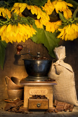 Poster - Stiill life with Antique coffee grinder and sunflowers