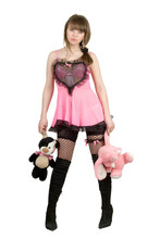 Pretty Girl In A Pink Dress With Plush Toys