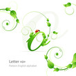 Eco green pattern alphabet with leafs and ladybird. Letter o