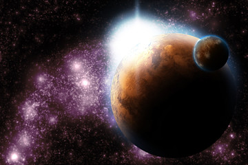 Wall Mural - abstract planet with sun flare in deep space - star nebula again