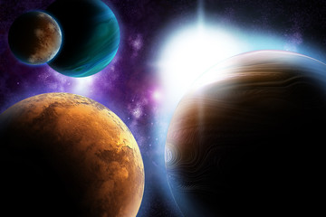 Wall Mural - abstract planet with sun flare in deep space - star nebula again