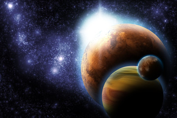 Wall Mural - abstract planet with sun flare in deep space - star nebula again