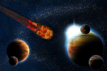 Wall Mural - abstract planet with sun flare in deep space - star nebula again