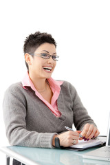 Wall Mural - Happy businesswoman using computer