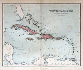 Fototapete - Old map of West India Islands, 1870. Bahamas, Haiti, Puerto Rico