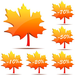 Wall Mural - Vector set of 3D maple leaf discount labels isolated