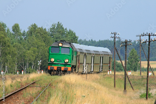 Naklejka ścienna Passenger train passing through the forest