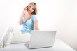 © Jaros - woman with phone and notebook on table, white background