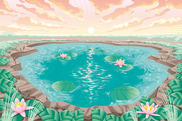 Cartoon pond with lotus