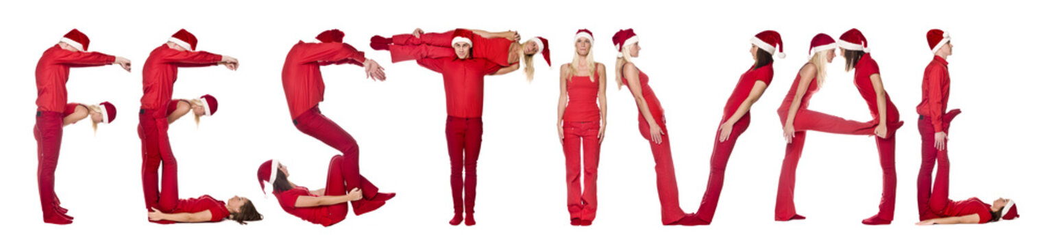 Group of red dressed people forming the word 'FESTIVAL'