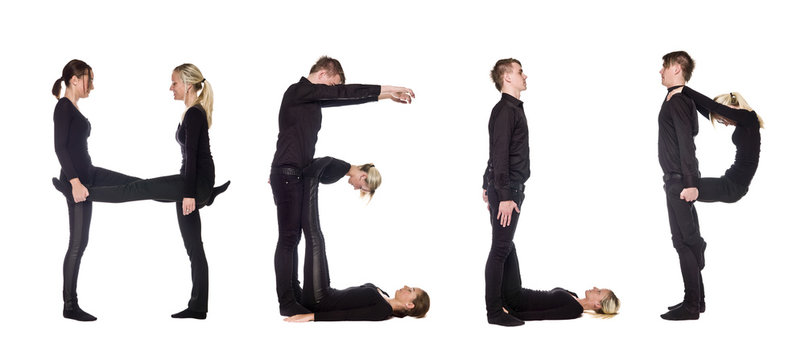 Group of people forming the word 'HELP'