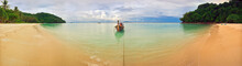 Stitched Panorama. Boat In The Tropical Sea.  Thailand