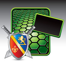 Medieval Sword And Shield On Green Hexagon Banner