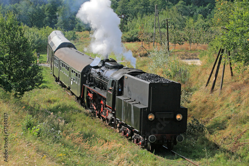 Fototapeta na wymiar Old retro steam train passsing through polish countryside