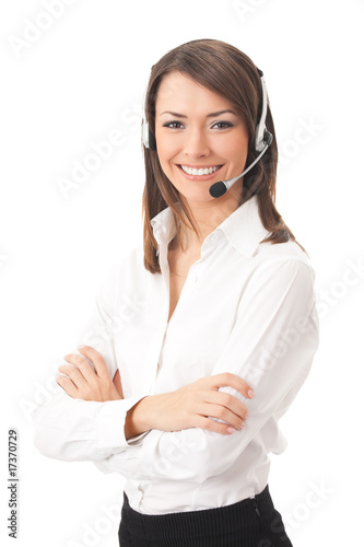 Fotografía Support phone operator in headset, isolated on white