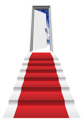 3D red carpet on stairs in front of a o door pened