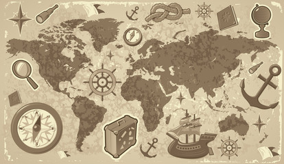 Wall Mural - World map with travel icons