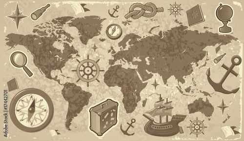 Naklejka - mata magnetyczna na lodówkę World map with travel icons