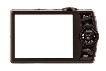 compact digital camera rear view isolated on white
