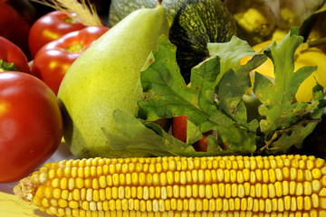 Canvas Print - close-up with corn and pear