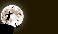 Vector Illustration Of Scarecrow With Full Moon On Background