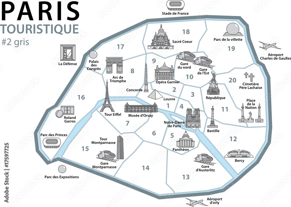 PLAN TOURISTIQUE PARIS- Monuments - France - Set 3 - obrazy, fototapety, plakaty 