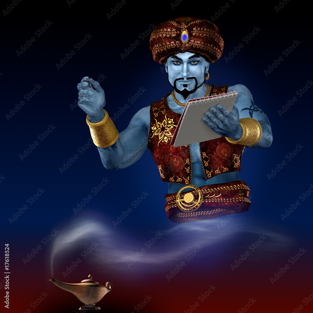 Genie from lamp with writing-pad. 3D render. Illustration. - obrazy, fototapety, plakaty 