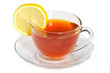 Cup of tea with segment of lemon on a white background