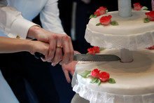 Newlywed Couple Cutting Wedding Cake