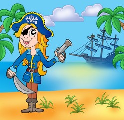 Wall Mural - Pirate girl on beach 3