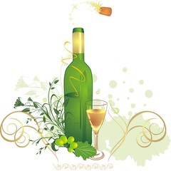 Wall Mural - Glass, bottle and vine. Holiday composition. Vector