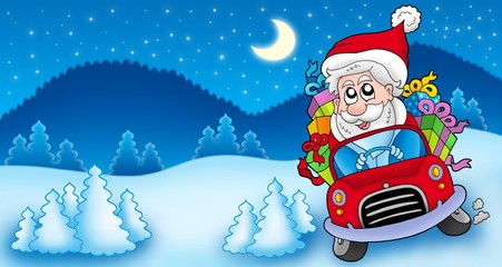 Poster - Landscape with Santa Claus driving car