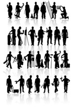 Isolated Construction Workers Silhouettes With Different Tools