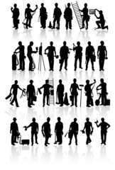 Isolated construction workers silhouettes with different tools