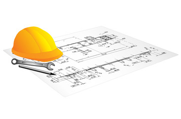 Draft of building and worker tool on a table