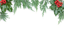 Christmas Background With Spruce Tree And Holly On White