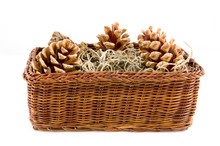 Brown Basket With Pine Cones