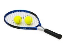 Two Tennis Balls And Racquet Isolated On White