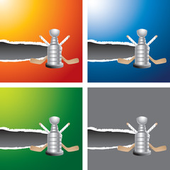 Poster - Ice hockey sticks and trophy on multicolored ripped banners