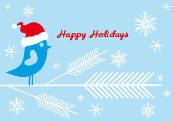 Wall Mural - santa bird on fir tree branch with snowflakes, vector