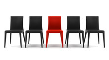 Red Chair Among Black Chairs Isolated On White Background