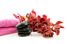 Spa Stones With Red Orchid Over White Background