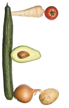 The letter 'E' made out of vegetables