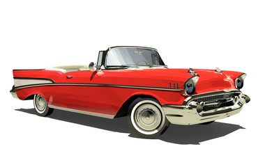 Red old car with an open top. Convertible. Isolated