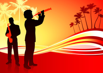 Poster - live music band on tropical red background